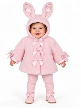 Bearington Baby Girls 12-24M Pink Plush Bunny Ear Hooded Coat Bows